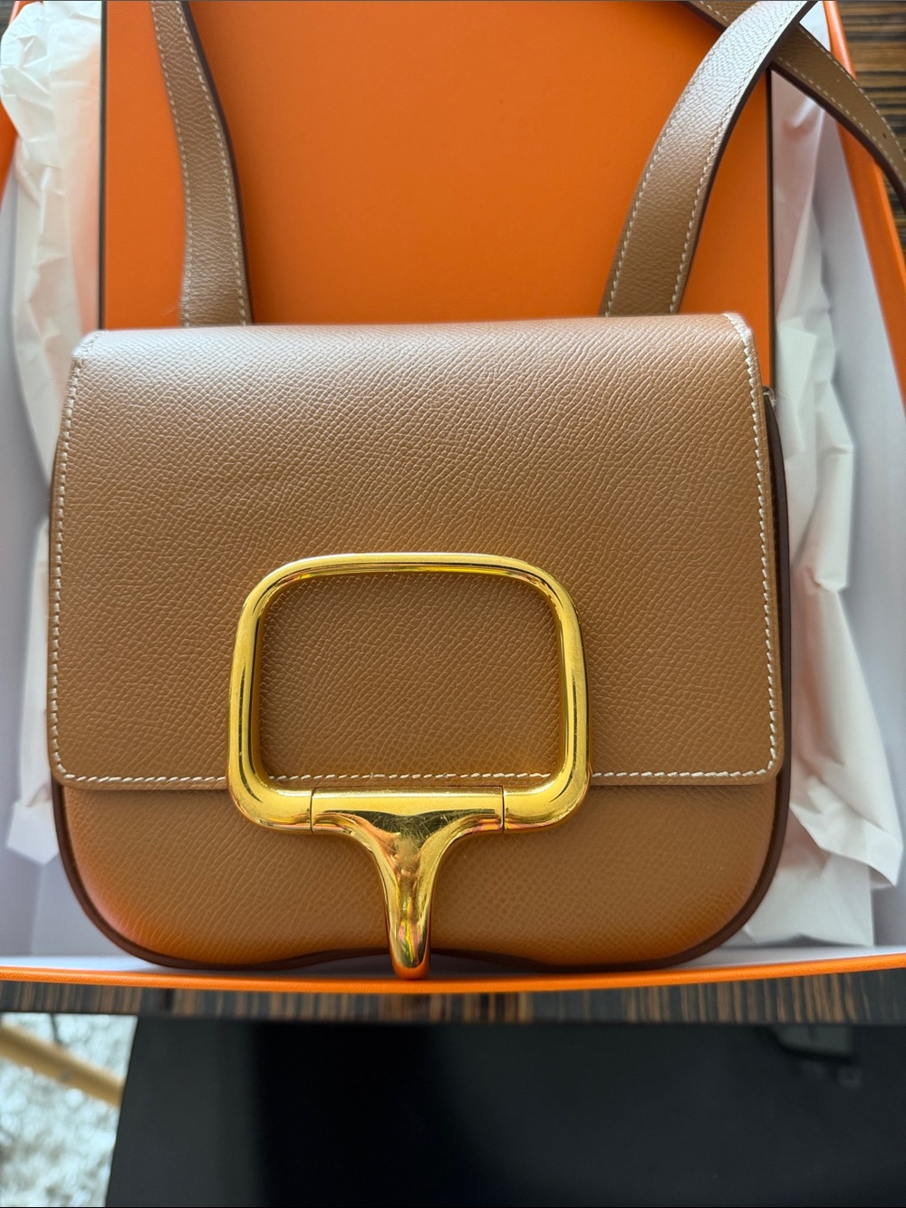 Hermes Brown Leather Crossbody with Gold Buckle